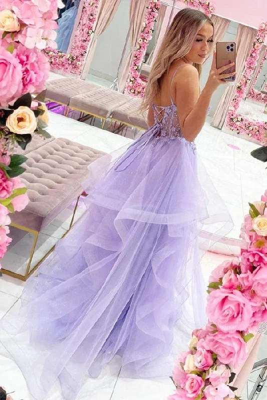 Gorgeous V Neck Beaded Purple Lace Floral Long Prom Dresses  PSK354