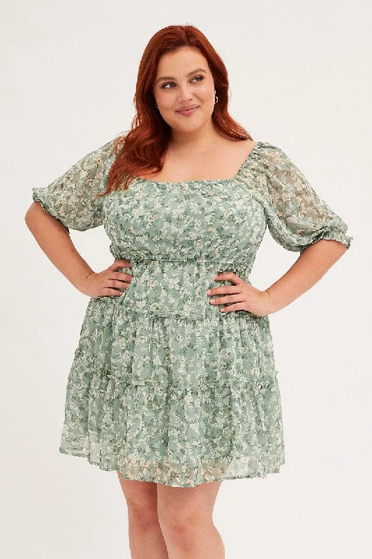 Green Mini Dress Short Puff Sleeve Ruched Bust