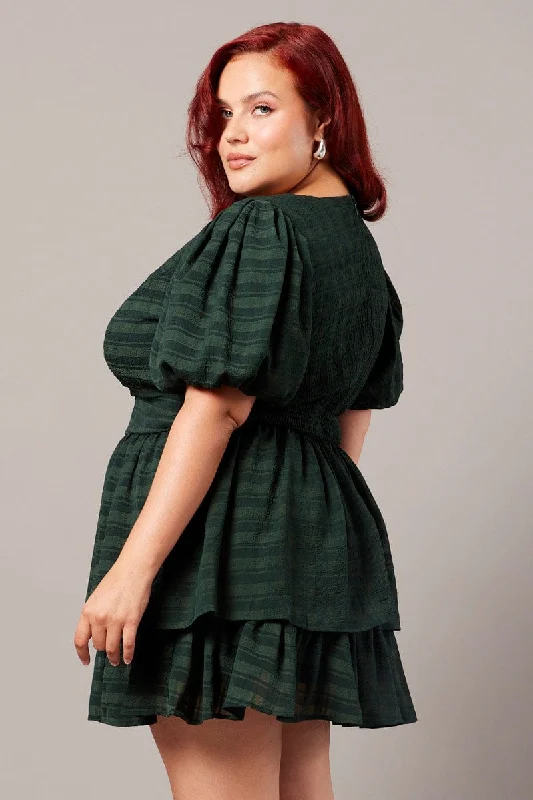 Green Textured Puff Sleeve Frill Dress