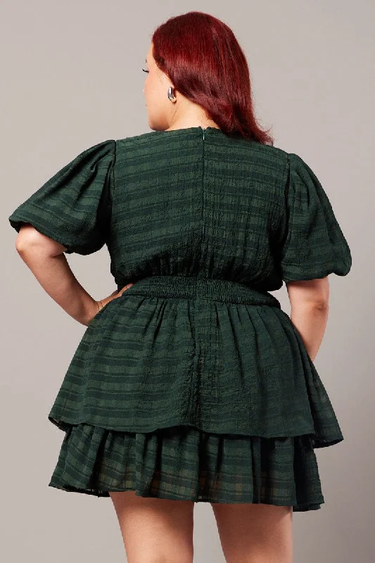 Green Textured Puff Sleeve Frill Dress