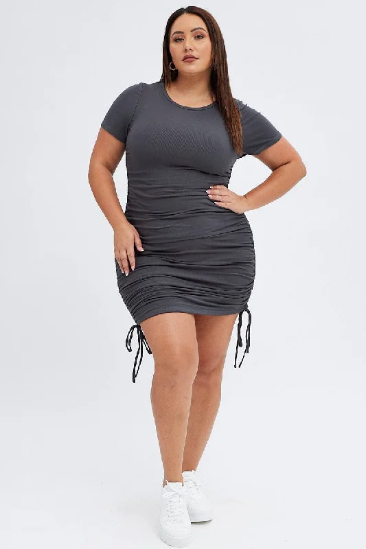 Grey Bodycon Dress Short Sleeve Side Ruched Rib