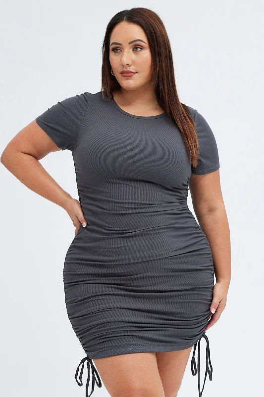 Grey Bodycon Dress Short Sleeve Side Ruched Rib