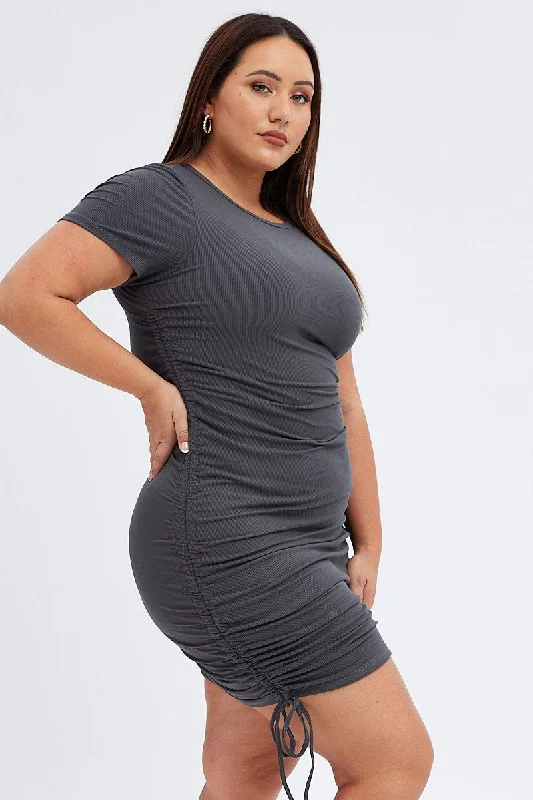 Grey Bodycon Dress Short Sleeve Side Ruched Rib