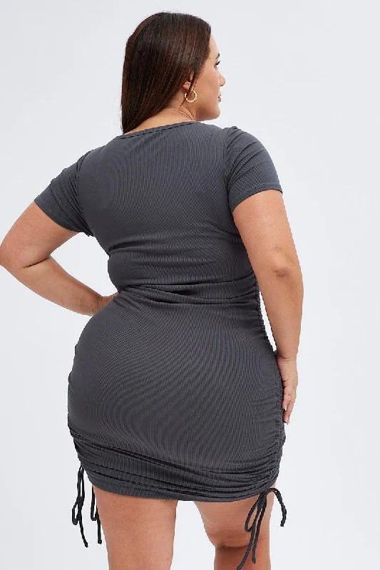 Grey Bodycon Dress Short Sleeve Side Ruched Rib