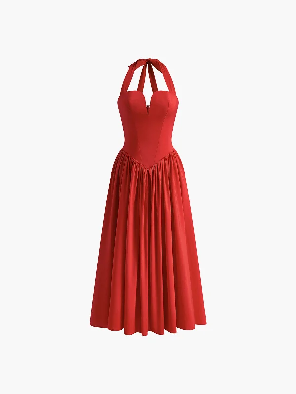 Halter Sweetheart Pleated Midi Dress