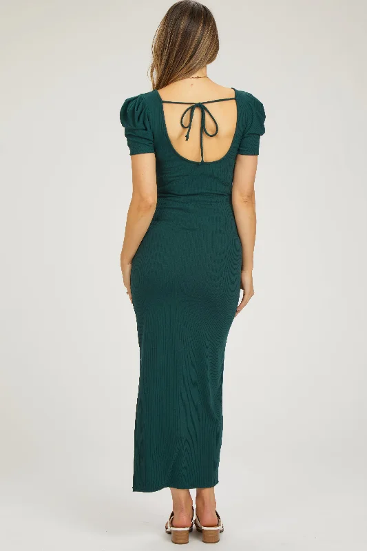 Hunter Green Ribbed Square Neck Side Slit Maternity Dress