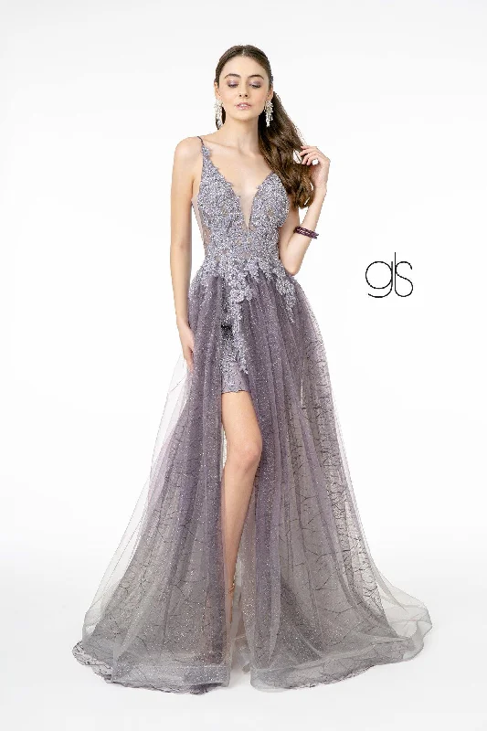 Illusion V-Neck Glitter Mesh Long Prom Dress