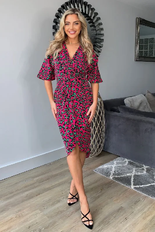 Jacqui Pink Leopard Wrap Detailed Midi Dress