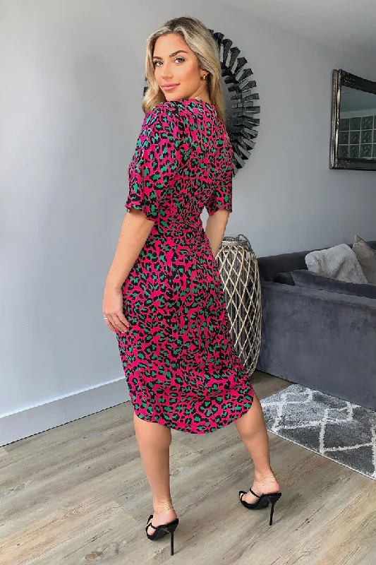 Jacqui Pink Leopard Wrap Detailed Midi Dress