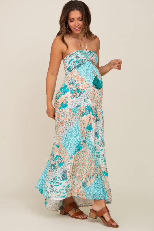 Jade Floral Halter Front Tie Maternity Maxi Dress