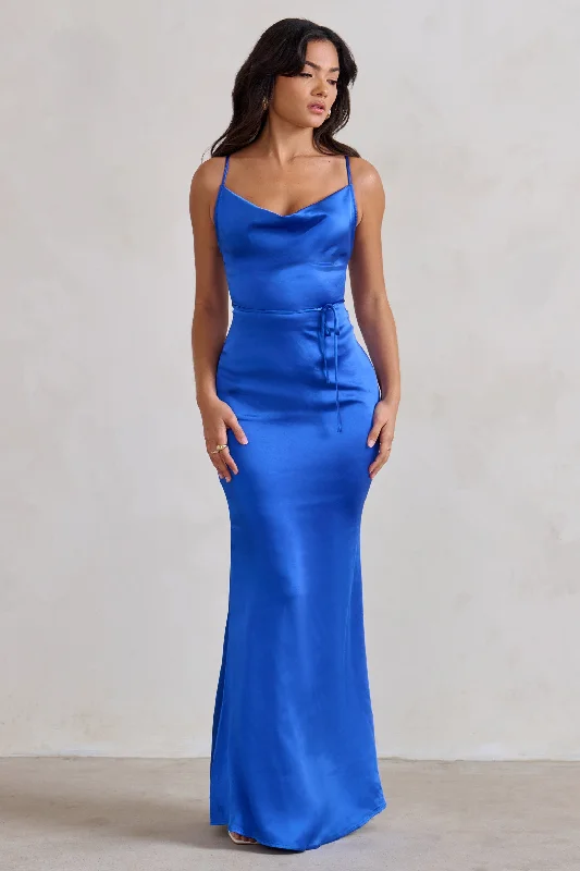 Lifetime | Cobalt Blue Satin Cowl Neck Maxi Dress With Cross Back Detail