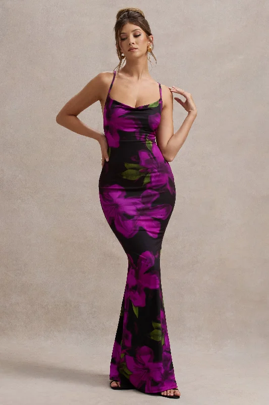 Lotus | Purple Floral Print Cowl-Neck Maxi Dress