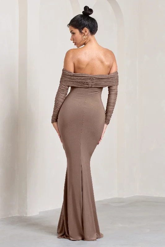 Madeleine | Mocha Fishtail Maxi Dress With Bardot Mesh Long Sleeves