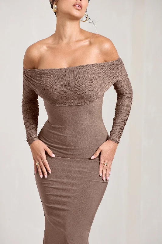 Madeleine | Mocha Fishtail Maxi Dress With Bardot Mesh Long Sleeves