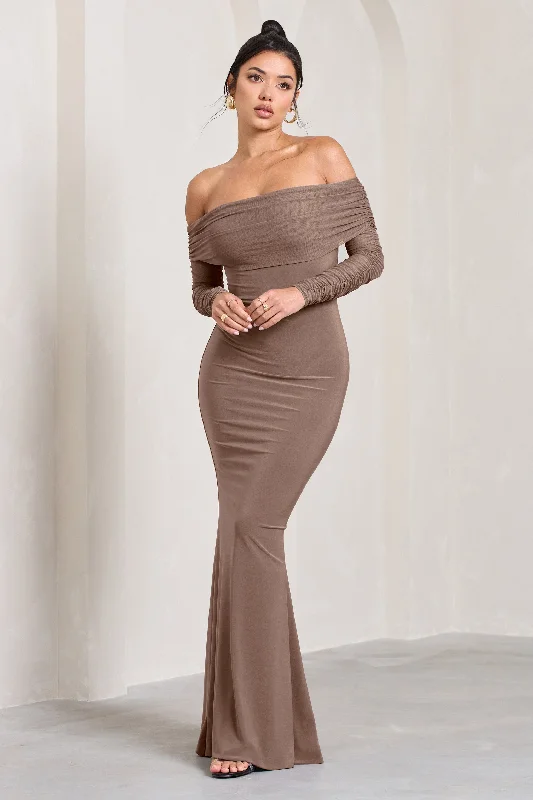 Madeleine | Mocha Fishtail Maxi Dress With Bardot Mesh Long Sleeves