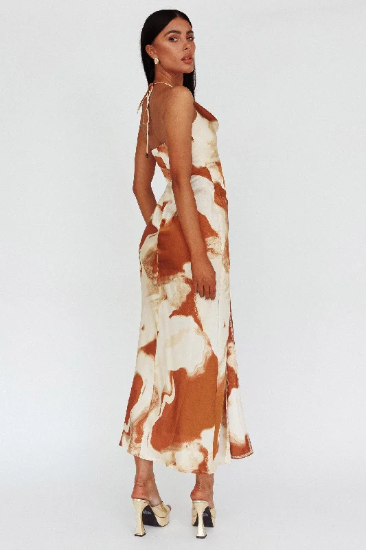 Marcello Cowl Halterneck Midi Dress Marble Brown