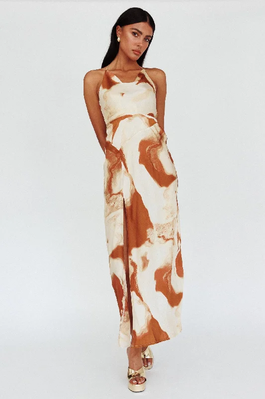 Marcello Cowl Halterneck Midi Dress Marble Brown