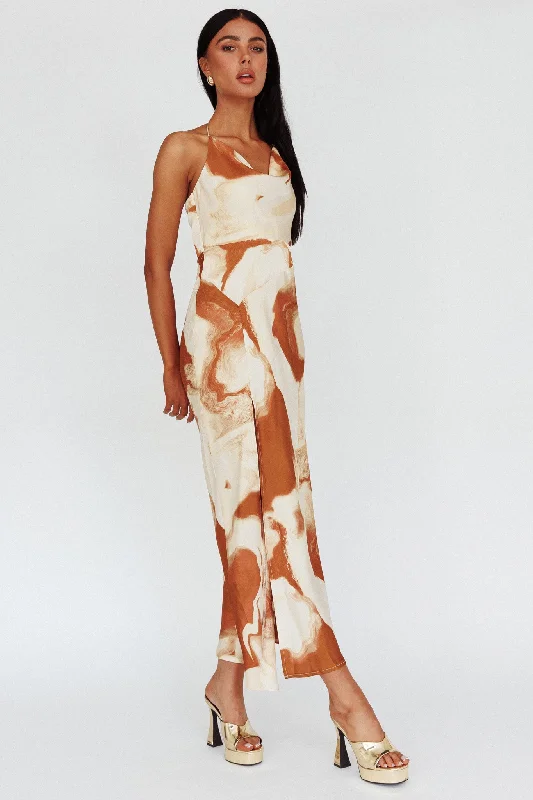 Marcello Cowl Halterneck Midi Dress Marble Brown