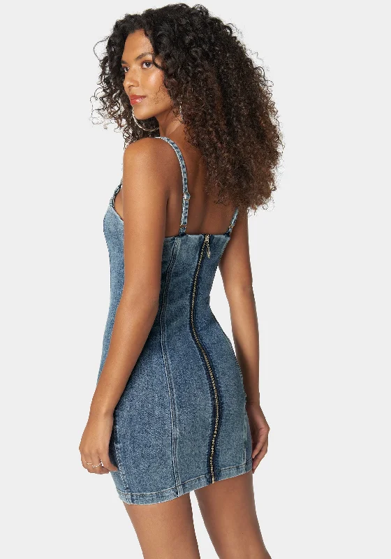 Metal Strap Detail Fitted Denim Dress