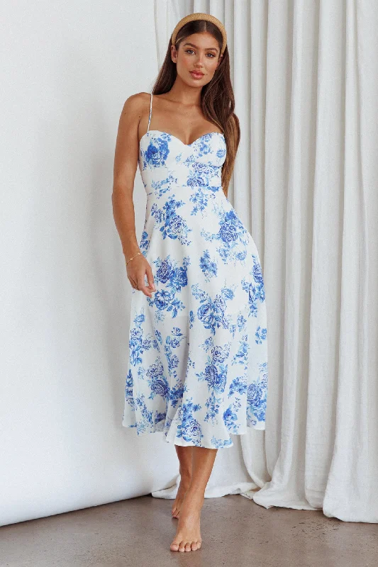 Mi Vida Sweetheart Neckline Midi Dress Floral Blue