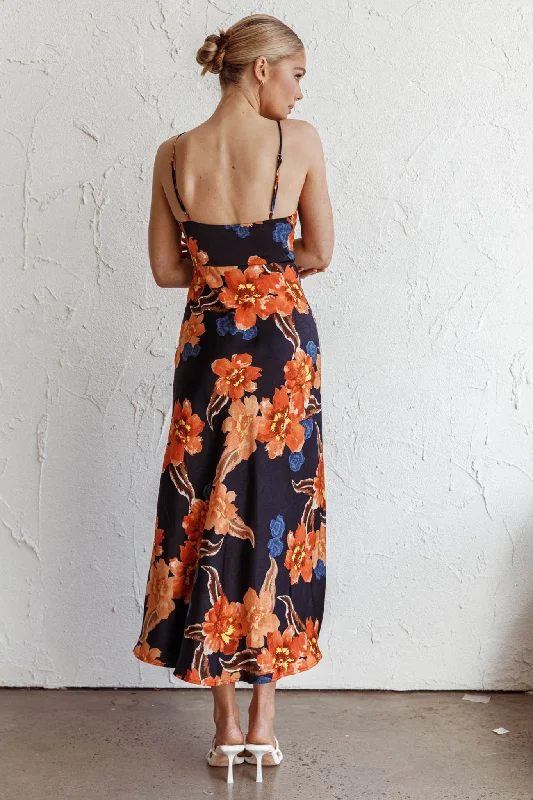 Missoula Cami Strap Padded Bust Midi Dress Flower Orange