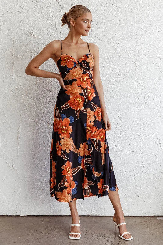 Missoula Cami Strap Padded Bust Midi Dress Flower Orange