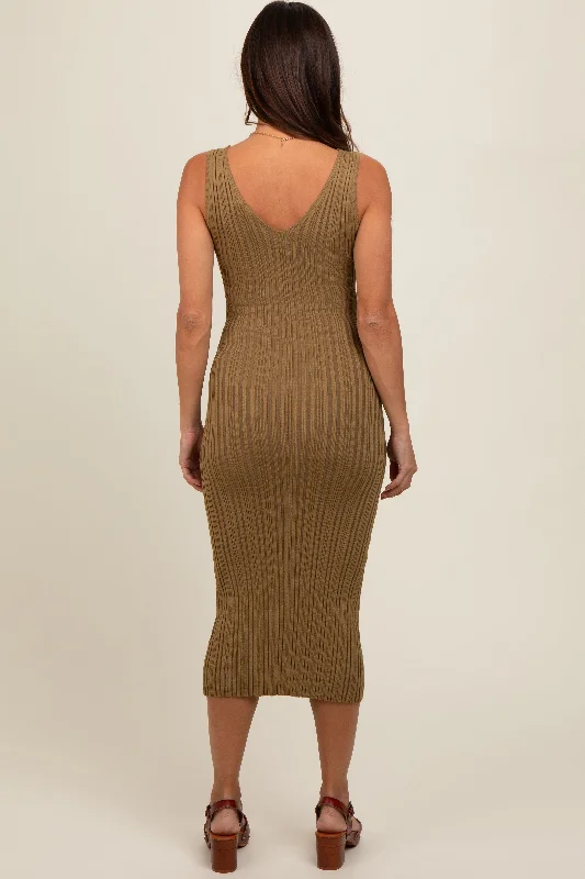 Mocha V Neck Sleeveless Knit Maternity Midi Dress