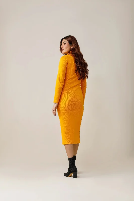 Mustard Yellow highneck Bodycon dress