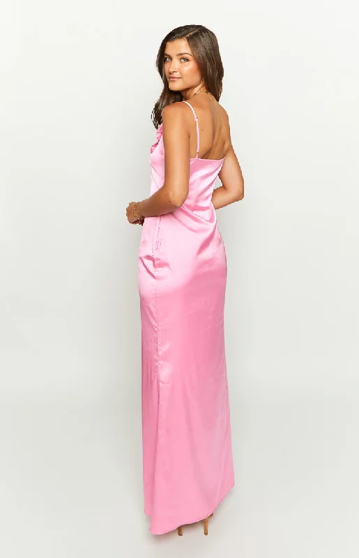 Nahanee Pink Satin Ruffle Maxi Dress