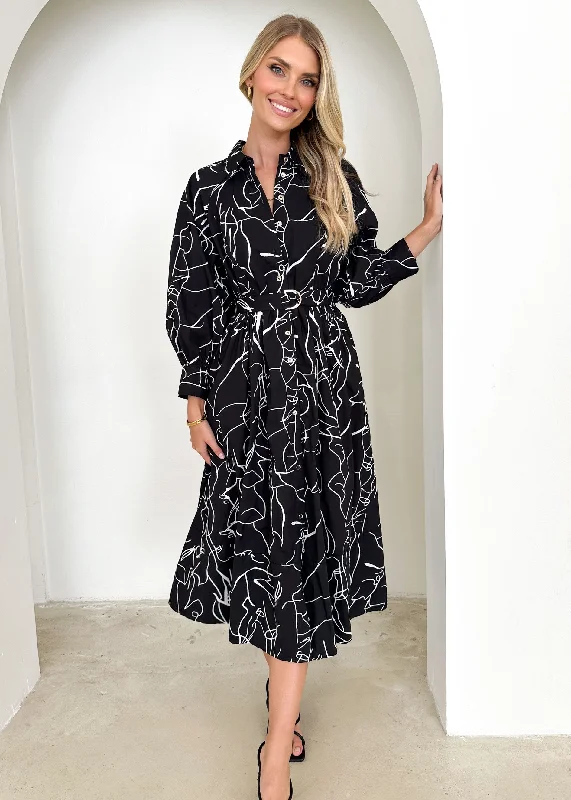 Nariam Midi Dress - Black Abstract