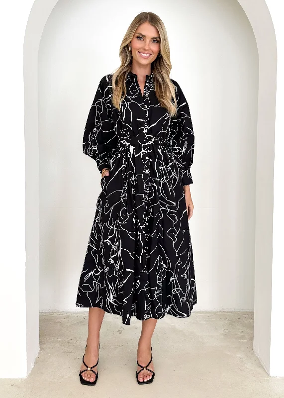 Nariam Midi Dress - Black Abstract