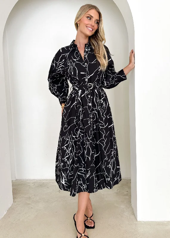 Nariam Midi Dress - Black Abstract