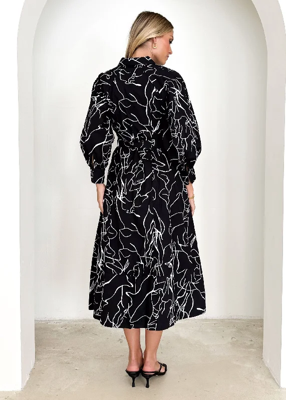 Nariam Midi Dress - Black Abstract