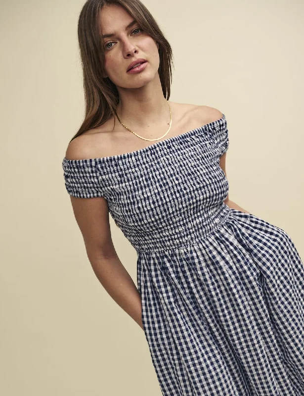 Navy Gingham Check Bardot Amanda Midaxi Dress