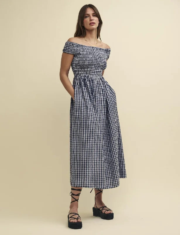 Navy Gingham Check Bardot Amanda Midaxi Dress