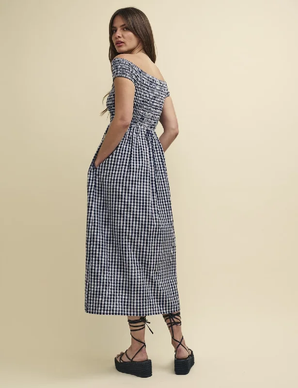 Navy Gingham Check Bardot Amanda Midaxi Dress