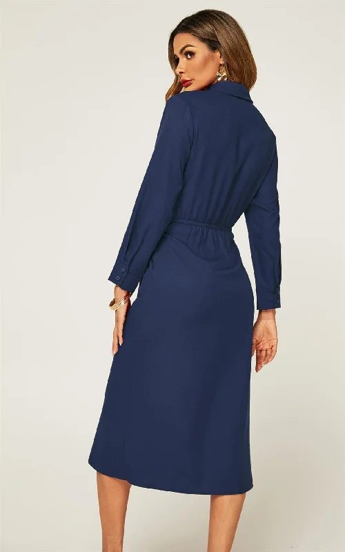 Navy Midi Shirt Dress With Tie Waist