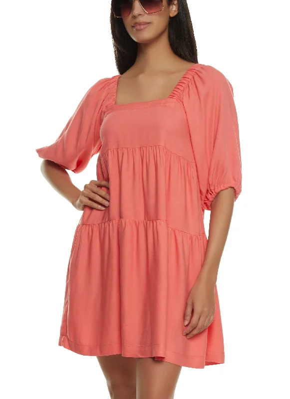 Bubble Sleeve Square Neck Tiered Dress