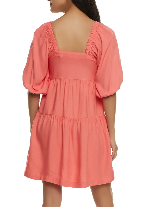 Bubble Sleeve Square Neck Tiered Dress