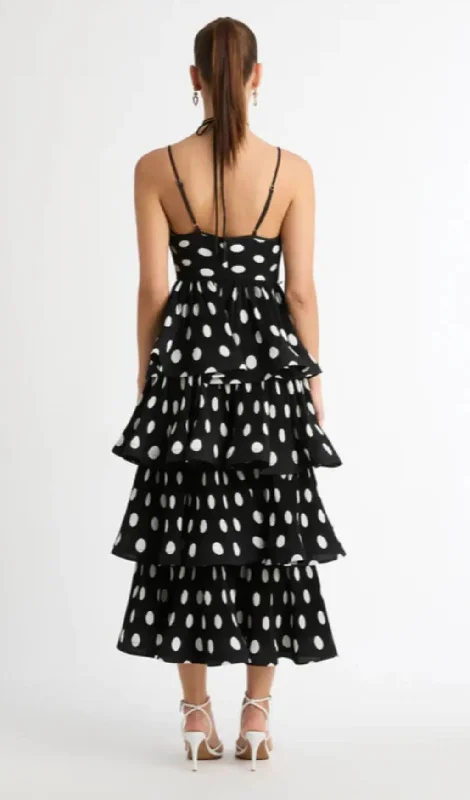 POLKA-DOT RUFFLE TRIM TIERED MIDI DRESS