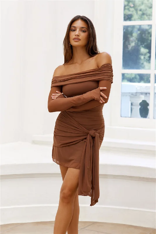 Promises Attention Mesh Off Shoulder Mini Dress Brown