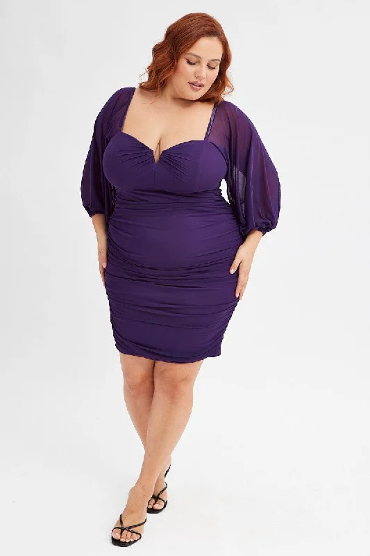 Purple Bodycon Dress Mesh Balloon Sleeve Ruched Mini