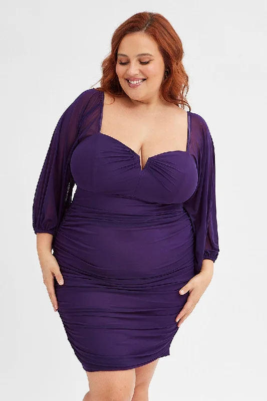 Purple Bodycon Dress Mesh Balloon Sleeve Ruched Mini