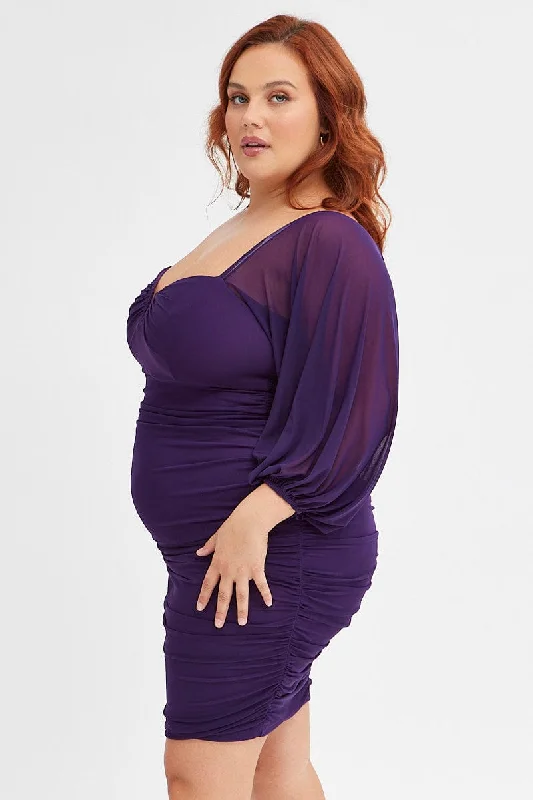 Purple Bodycon Dress Mesh Balloon Sleeve Ruched Mini