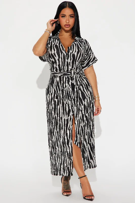 Romi Plisse Shirt Midi Dress - Black/White