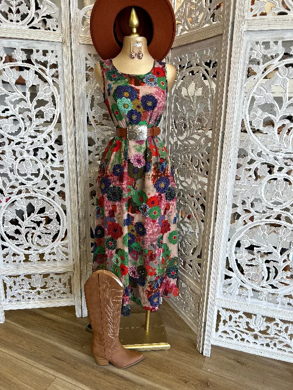 Scoop Neck Floral Multi Color Flowy Midi Dress- Not Stretchy