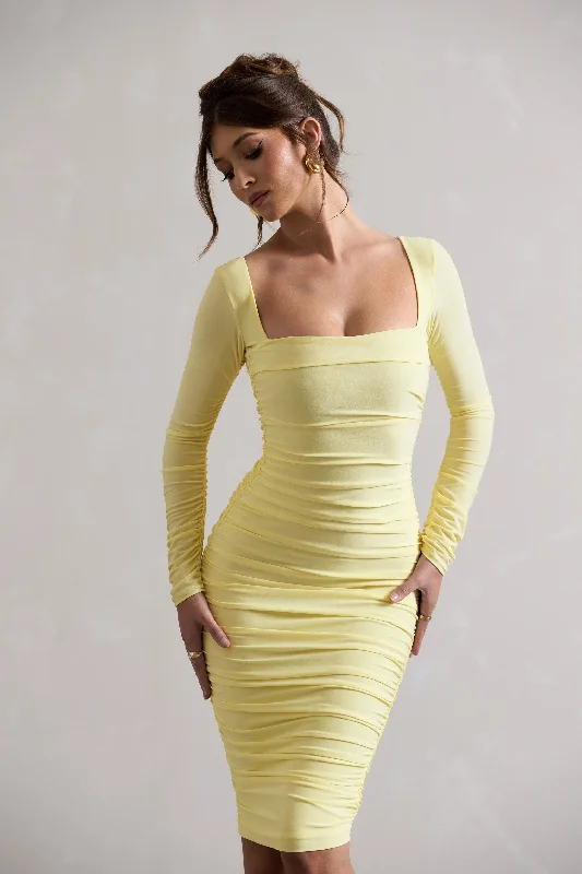 Seductress | Yellow Long Sleeve Square Neck Ruched Midi Dress