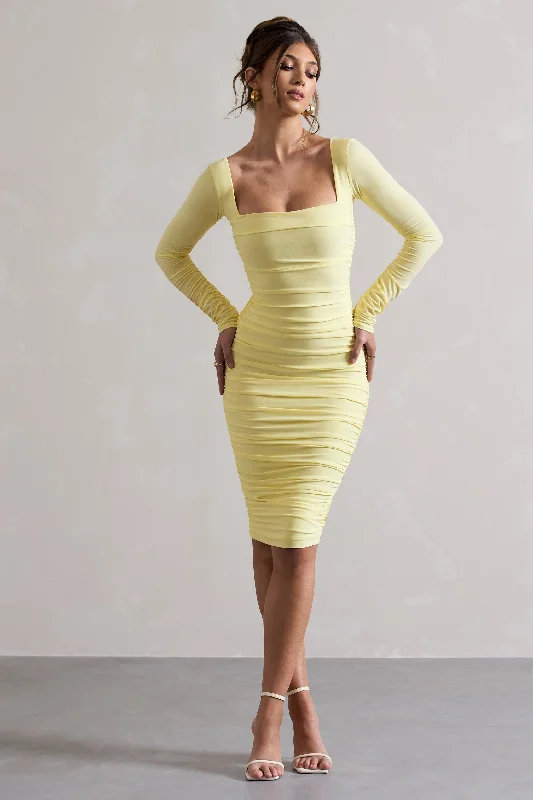 Seductress | Yellow Long Sleeve Square Neck Ruched Midi Dress