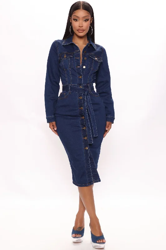 Set For Life Denim Midi Dress - Dark Wash