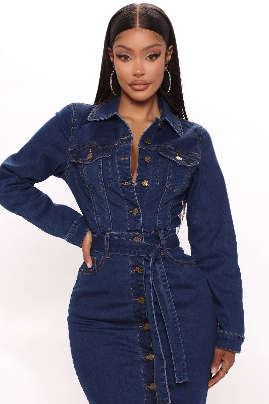 Set For Life Denim Midi Dress - Dark Wash